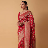 Red Satin Organza Saree With Moroccan Jaal Weave And Unstitched Blouse Piece