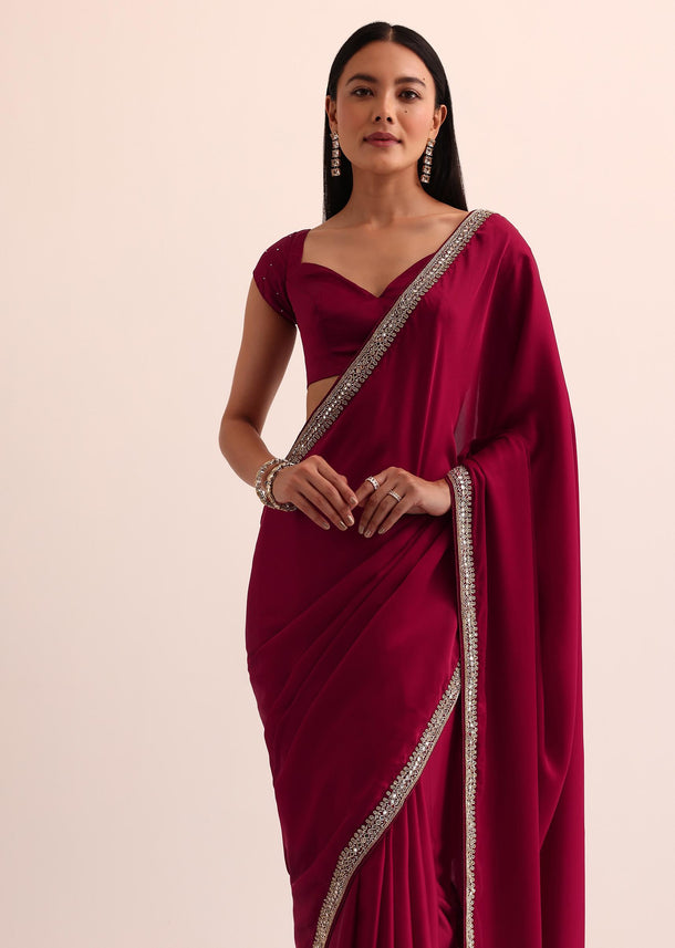 Red Satin Saree With Mirror Embroidery And Unstitched Blouse