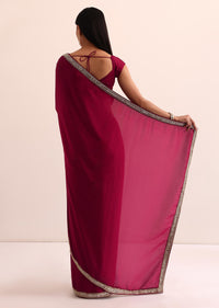 Red Satin Saree With Mirror Embroidery And Unstitched Blouse