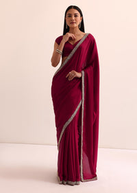Red Satin Saree With Mirror Embroidery And Unstitched Blouse