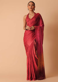 Red Satin Saree With Stone Embellishments And Unstitched Blouse Piece