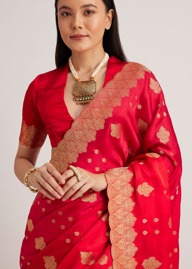 Red Satin Silk Butti Woven Saree With Scallop Brocade Border