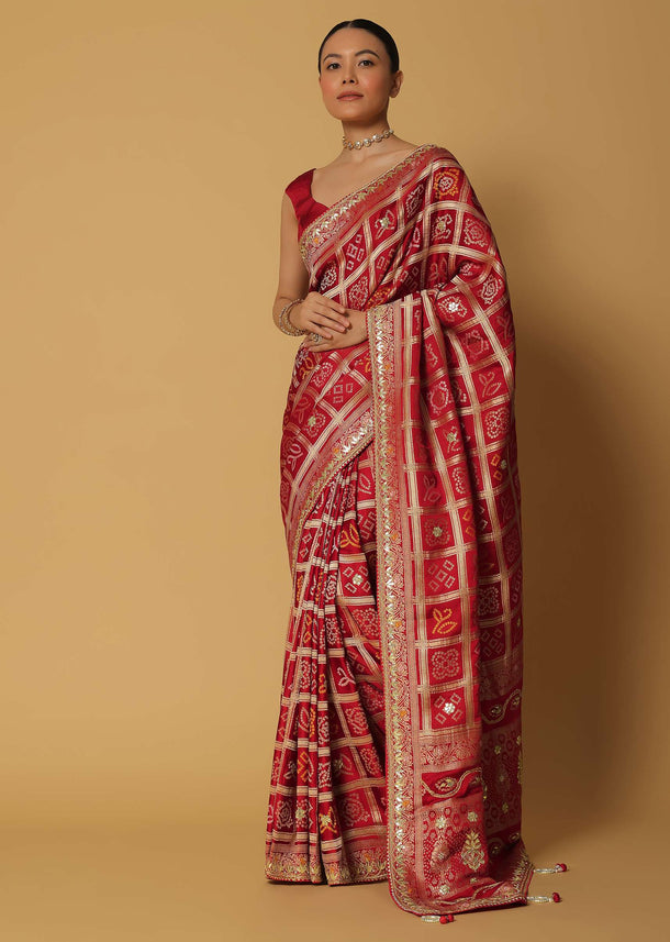 Red Satin Woven Bandhani Saree With Unstitched Blouse Fabric