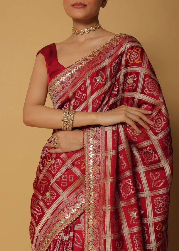 Red Satin Woven Bandhani Saree With Unstitched Blouse Fabric