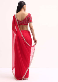 Red Scallop Border Organza Saree With Unstitched Blouse