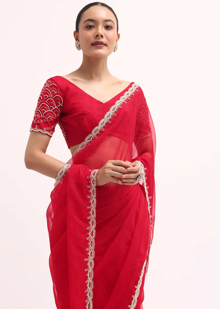 Red Scallop Border Organza Saree With Unstitched Blouse