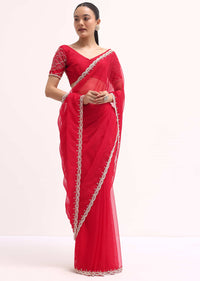 Red Scallop Border Organza Saree With Unstitched Blouse
