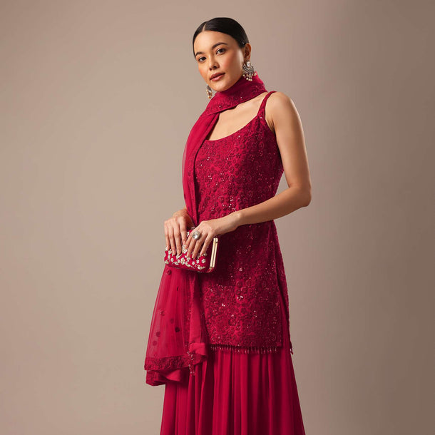 Red Sequin Embellished Kurta Palazzo Set