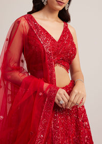Red Sequin Embellished Lehenga Set
