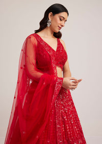 Red Sequin Embellished Lehenga Set