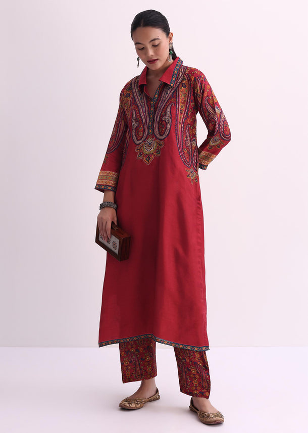 Red Sequin Embroidered Kurta With Printed Pant Set