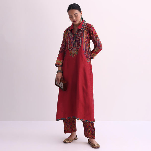 Red Sequin Embroidered Kurta With Printed Pant Set