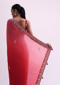 Red Shaded Ombre Satin Saree With Zardozi And Unstitched Blouse Fabric