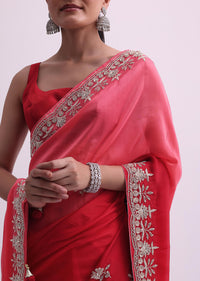Red Shaded Ombre Satin Saree With Zardozi And Unstitched Blouse Fabric