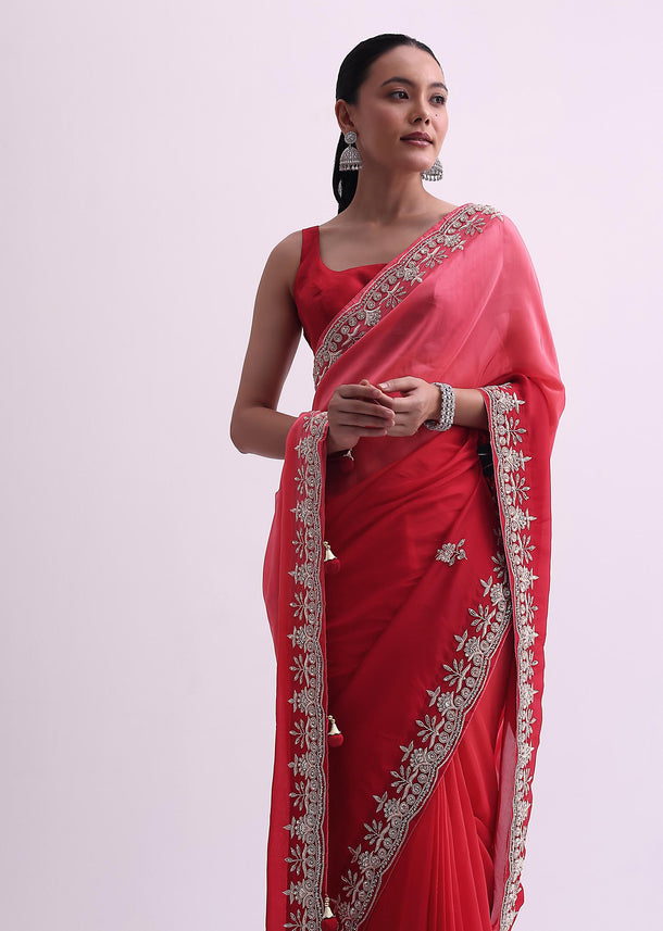 Red Shaded Ombre Satin Saree With Zardozi And Unstitched Blouse Fabric