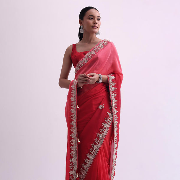 Red Shaded Ombre Satin Saree With Zardozi And Unstitched Blouse Fabric