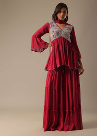 Red Sharara Set With Embroidered Peplum