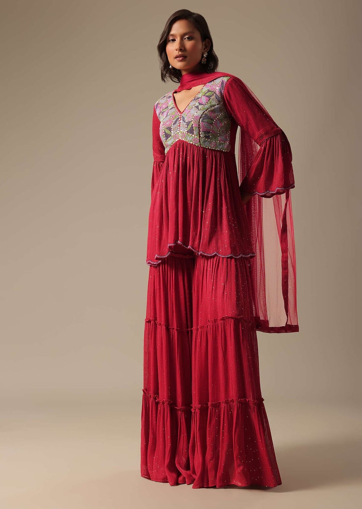 Red Sharara Set With Embroidered Peplum