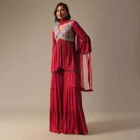 Red Sharara Set With Embroidered Peplum