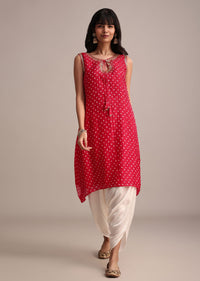 Red Silk Bandhani Print Kurta Dhoti Set