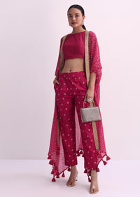 Red Silk Crop Top And Pant Set With Bandhani Print Jacket