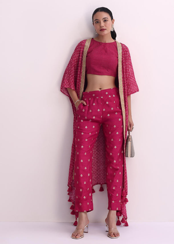 Red Silk Crop Top And Pant Set With Bandhani Print Jacket