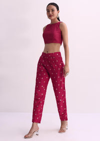 Red Silk Crop Top And Pant Set With Bandhani Print Jacket