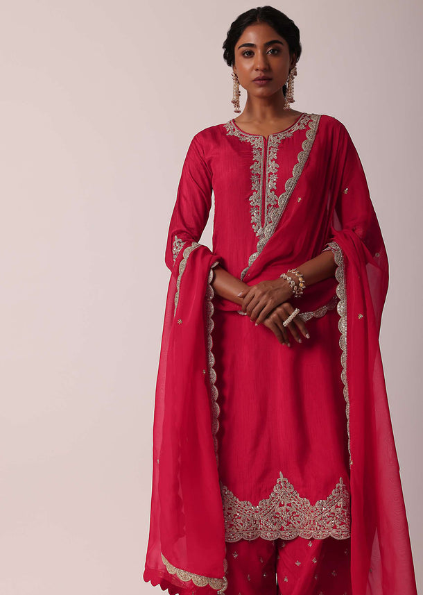 Red Silk Embroidered Palazzo Set With Kurta
