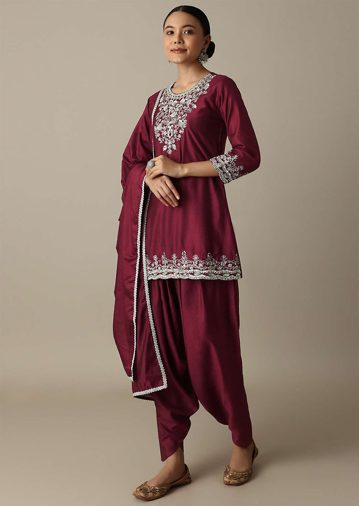 Red Silk Embroidery Kurta Set With Salwar And Dupatta