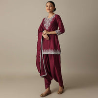 Red Silk Embroidery Kurta Set With Salwar And Dupatta