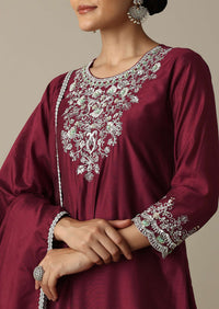 Red Silk Embroidery Kurta Set With Salwar And Dupatta