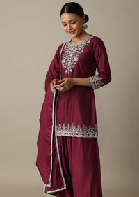 Red Silk Embroidery Kurta Set With Salwar And Dupatta