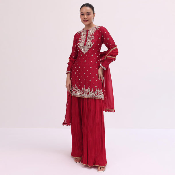 Red Embroidered Silk Kurta Palazzo Set