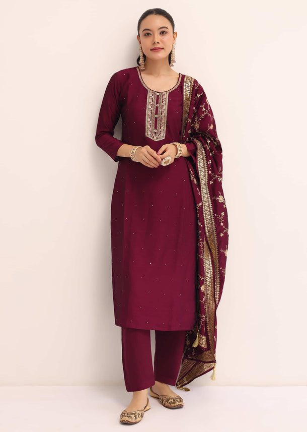 Red Silk Kurta Set With Dupatta