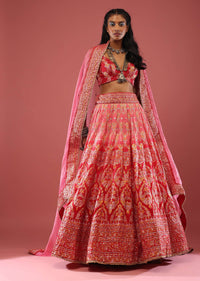 Persian Pink Silk Lehenga With Varied Embroideries And Foil Print Is Matched With An Organza Dupatta