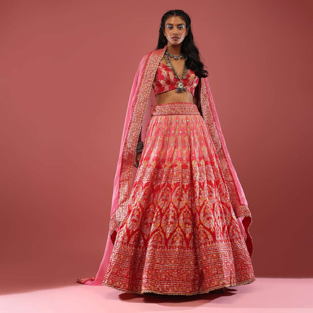 Persian Pink Silk Lehenga With Varied Embroideries And Foil Print Is Matched With An Organza Dupatta