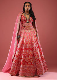 Persian Pink Silk Lehenga With Varied Embroideries And Foil Print Is Matched With An Organza Dupatta