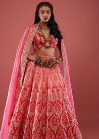 Persian Pink Silk Lehenga With Varied Embroideries And Foil Print Is Matched With An Organza Dupatta