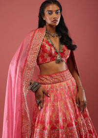 Persian Pink Silk Lehenga With Varied Embroideries And Foil Print Is Matched With An Organza Dupatta