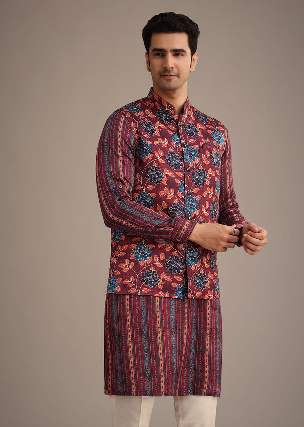 Red Silk Printed Jacket And Kurta Set
