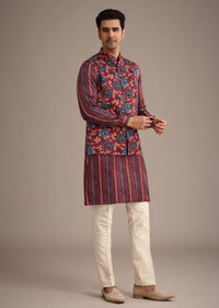 Red Silk Printed Jacket And Kurta Set