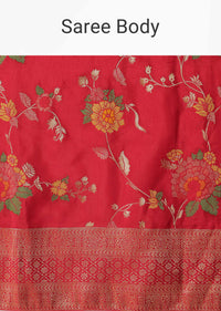 Red Silk Saree With Floral Meenakari Work And Unstitched Blouse Piece