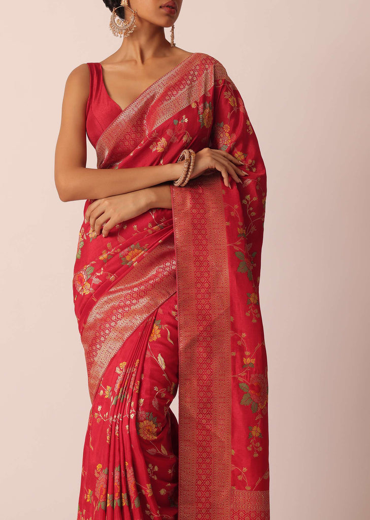 Red Silk Saree With Floral Meenakari Work And Unstitched Blouse Piece
