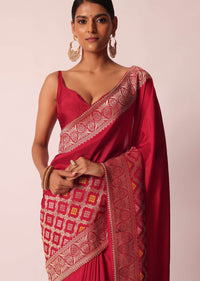 Red Silk Woven Saree With Bandhani Detail And Unstitched Blouse Piece