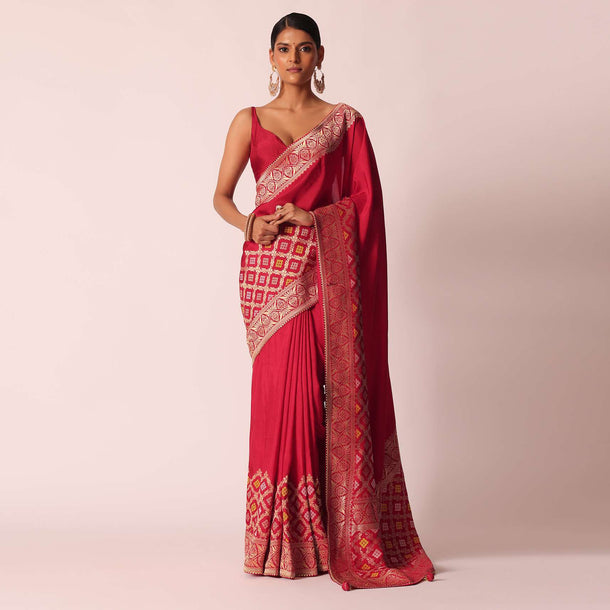 Red Silk Woven Saree With Bandhani Detail And Unstitched Blouse Piece