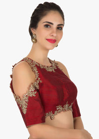Red stitched blouse enhanced in zardosi and sequin work only on Kalki