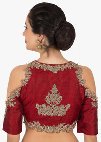 Red stitched blouse enhanced in zardosi and sequin work only on Kalki