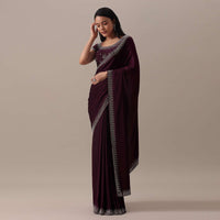 Red Stone Embellished Saree In Satin