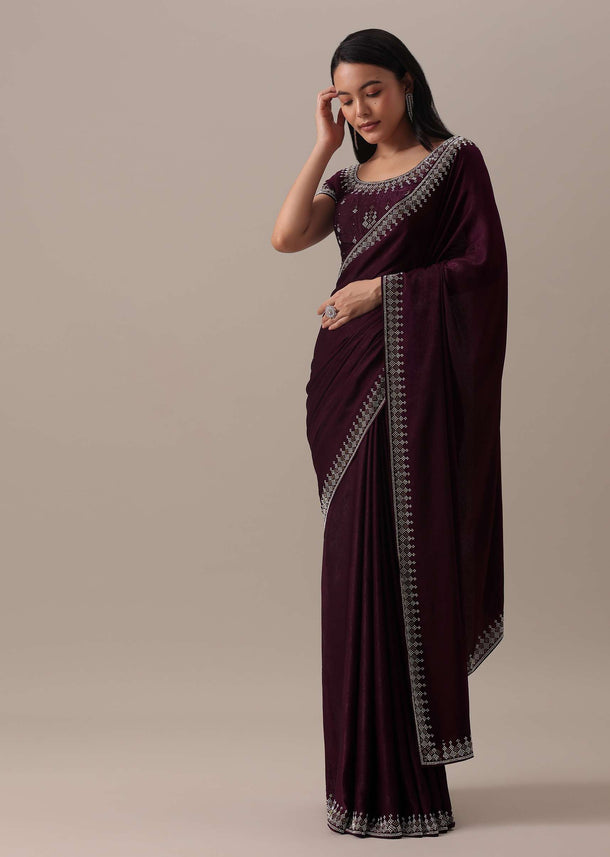 Red Stone Embellished Saree In Satin