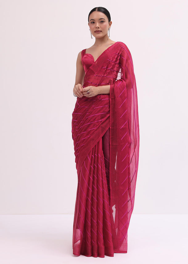 Red Stone Embroidered Saree With Unstitched Blouse